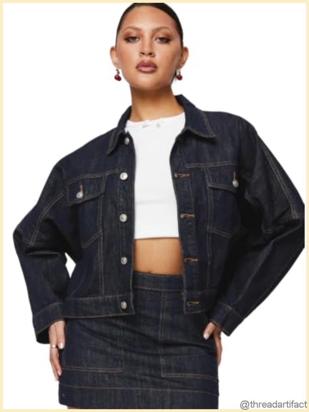 Cropped Denim Jacket Relaxed Fit Point Collar Button Front